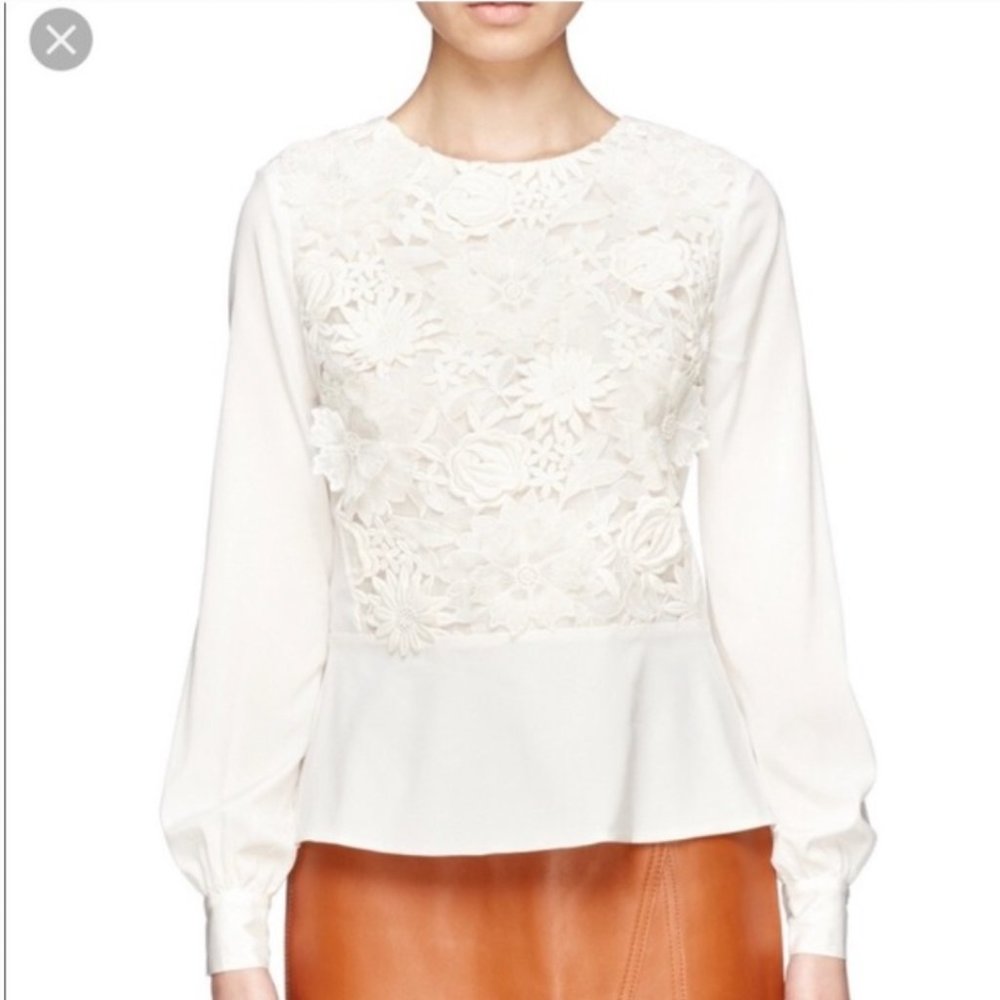 TORY BURCH creamy white silk long sleeve top with floral lace appliques